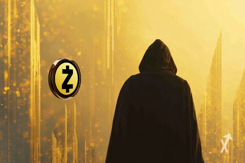 Mann mit Kapuze und Zcash-Token.