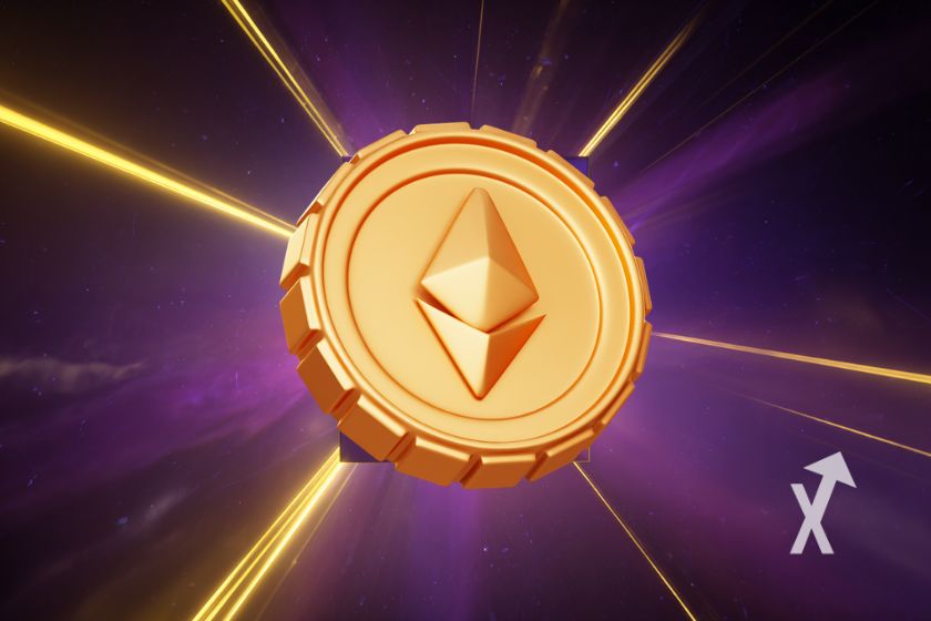 "Gelber Ethereum-M&uuml;nze auf lila Hintergrund"