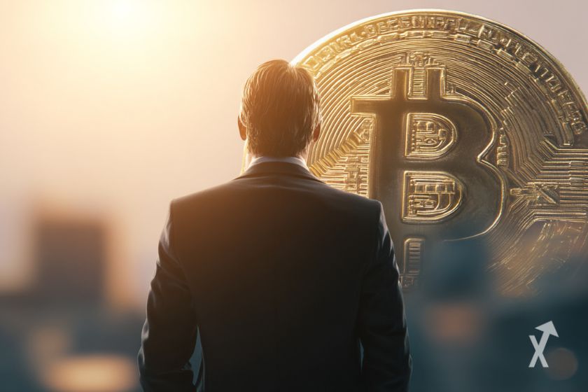 "Mann in schwarzem Anzug betrachtet Bitcoin"