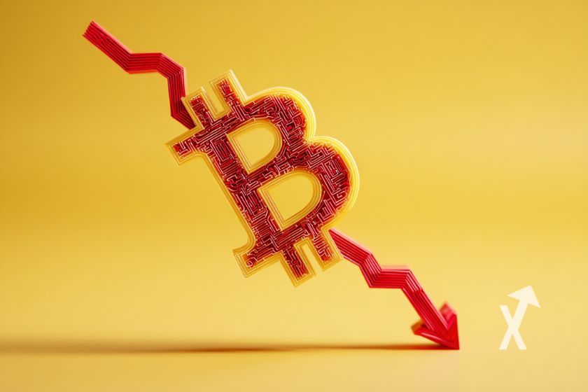 Bitcoin logo en rouge avec une fleche rouge qui descend sur un fond jaune