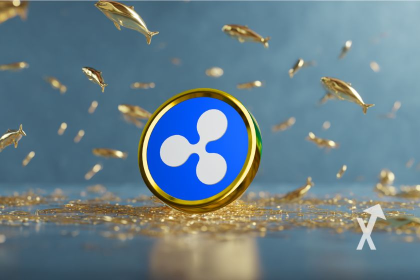 Goldene XRP-M&uuml;nze auf blauem Hintergrund.