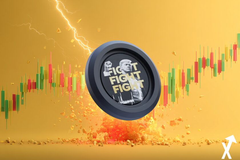 Illustration dynamique du march&eacute; crypto avec un trading chart en arri&egrave;re-plan, bougies vertes et rouges stylis&eacute;es, explosion d&rsquo;&eacute;nergie jaune et rouge au centre symbolisant un breakout du march&eacute; token trump au milieu