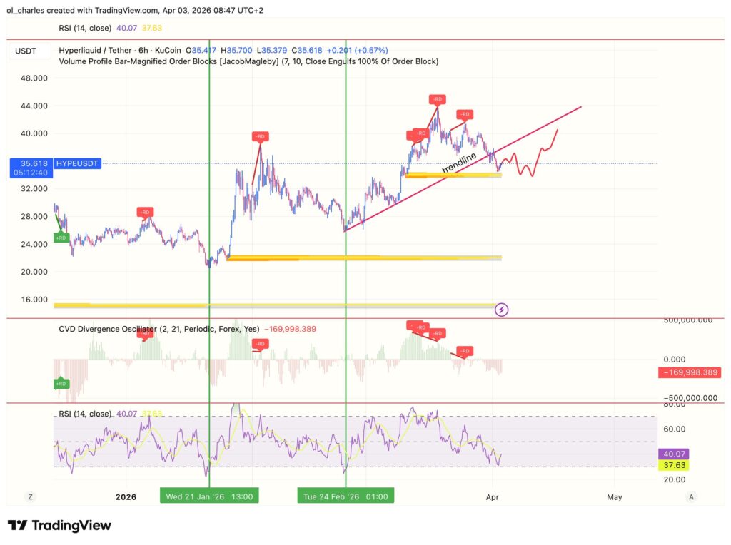 Kurs des HYPE in 6H mit Order Block CVD und RSI
