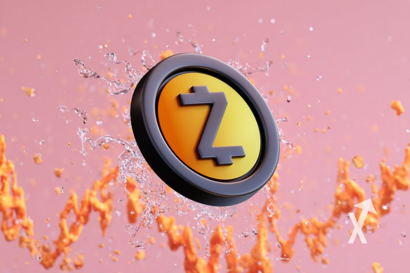 zcash coin sur un fond rose avec trendline orange en fum&eacute;e
