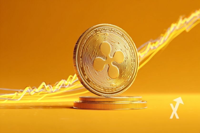 XRP Coin sur un fond orange avec trendline jaune qui monte