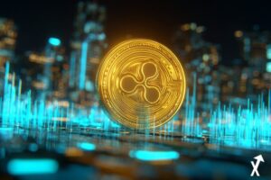 Pi&egrave;ce XRP Ripple dor&eacute;e irradiant des faisceaux d'&eacute;nergie bleu &eacute;lectrique, entour&eacute;e de graphiques en barres n&eacute;on montant en fl&egrave;che, flux de donn&eacute;es ETF holographiques, tours bancaires translucides baign&eacute;es de lumi&egrave;re cyan, silhouettes de baleines transportant des pi&egrave;ces lumineuses, palette bleu &eacute;lectrique intense et or profond, atmosph&egrave;re n&eacute;on incandescente, couleurs ultra-vibrantes, &eacute;ditorial financier cin&eacute;matique, rendu 3D hyperr&eacute;aliste --