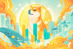 Illustration editoriale lumineuse d un grand shiba inu dore rayonnant entoure de flammes de combustion neon orange et or, graphiques en barres montants en sorbet turquoise et jaune vif, noeuds reseau Shibarium flottants en lumiere cyan, silhouettes de baleines accumulant des pieces aux portes de sortie des exchanges, ciel pastel doux en bleu et jaune chaud, style crypto editorial plat et vibrant, lumineux et professionnel, sans tons sombres