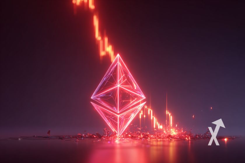 Ethereum Logo en rouge n&eacute;on avec trendline rougr qui chute sur un fond violet