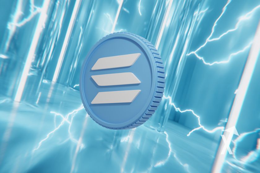 Coin solana sur un fond bleu avec &eacute;lectricit&eacute; autour