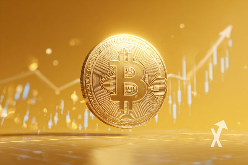 coin Bitcoin sur un fond orange avec trendline de bougie derri&egrave;re