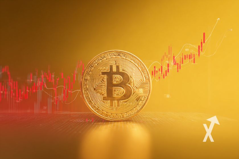 coin Bitcoin sur un fond jaune avec trendline rouge en fond