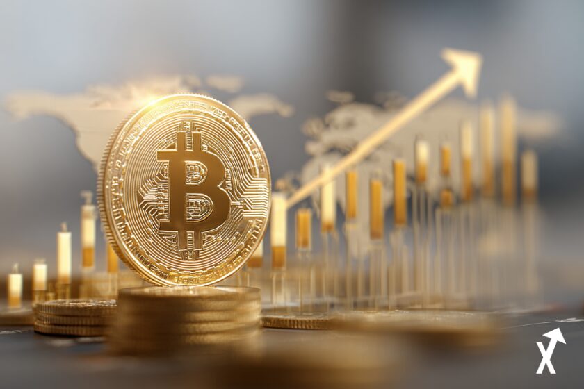 pi&egrave;ce Bitcoin dor&eacute;e avec fl&egrave;che de prix descendante se dissolvant en particules lumineuses douces, lignes de graphique abstraites pastel en tons corail et or, fond blanc &eacute;pur&eacute;, esth&eacute;tique fintech minimaliste, sans couleurs sombres