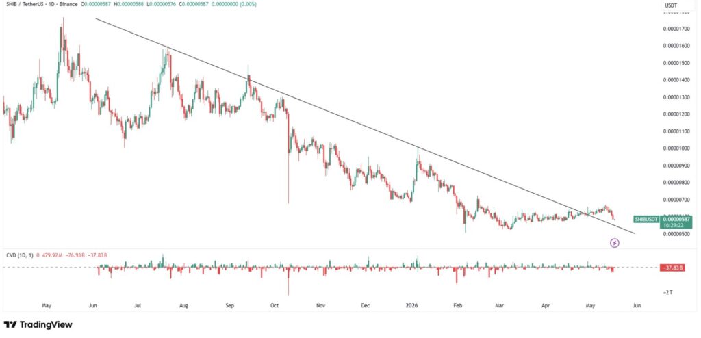 SHIB/USDT-Diagramm täglich Binance, anhaltender Abwärtstrend mit negativem CVD bei -37,83 Milliarden, Preis bei 0,0000058 $