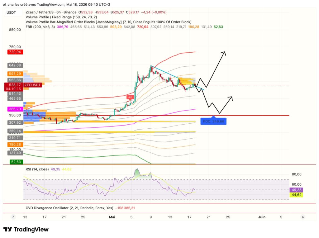 Zcash Kurs in 6 Stunden mit Fibonacci-Retracements, Order Blocks, RSI und Volumenprofil