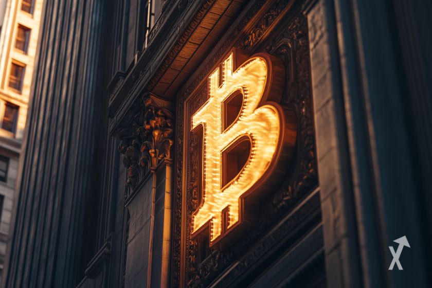 Logo Bitcoin en fachada bancaria.