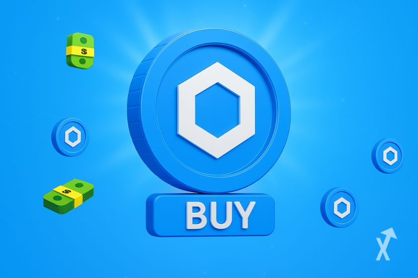 Token de Chainlink con billetes y bot&oacute;n "BUY".