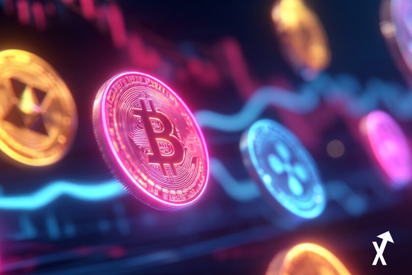 Criptomonedas flotando en escena futurista.