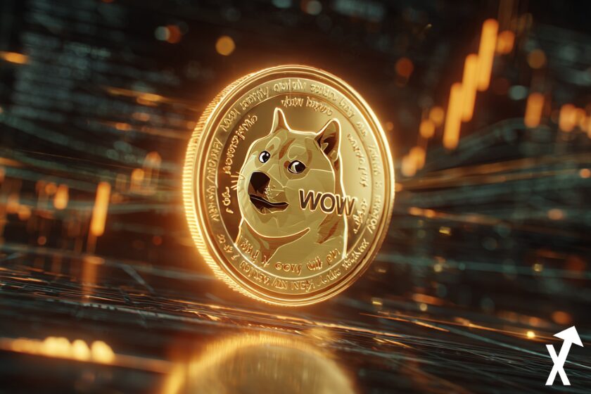 "Dogecoin brillante en entorno futurista digital."