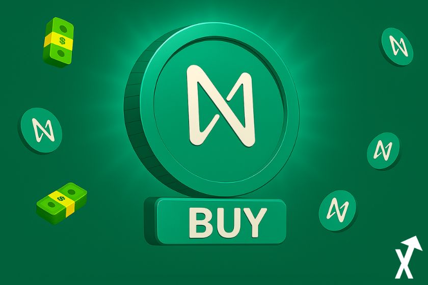 &ldquo;Moneda de NEAR Protocol en verde y blanco, billete a los lados, logotipos de NEAR, logotipo de Compra en blanco y verde.&rdquo; &ldquo;Incluye moneda de NEAR Protocol, billete y logotipos.&rdquo;
