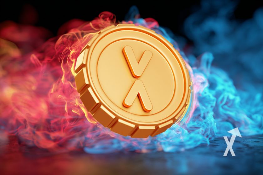 Criptomoneda XRP con humo rojo y azul.