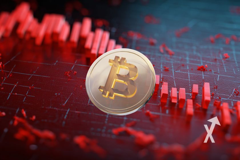 Bitcoin cayendo en gr&aacute;fico rojo.