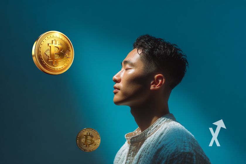 "Hombre asi&aacute;tico con Bitcoins sobre azul"