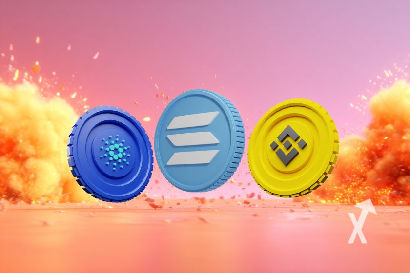 3 monedas cripto con explosiones naranjas.