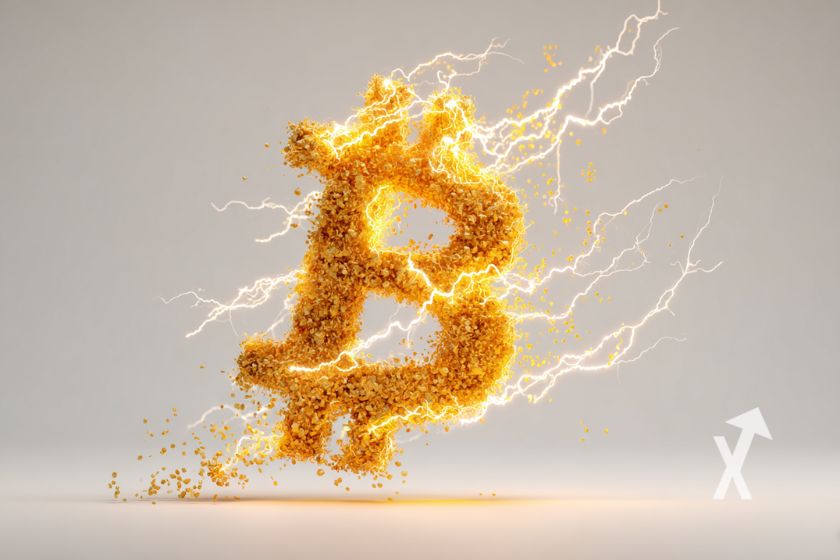 Logo de Bitcoin con electricidad, gris.