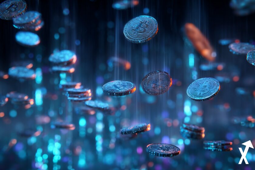 Lluvia de cripto en azul. Airdrops.