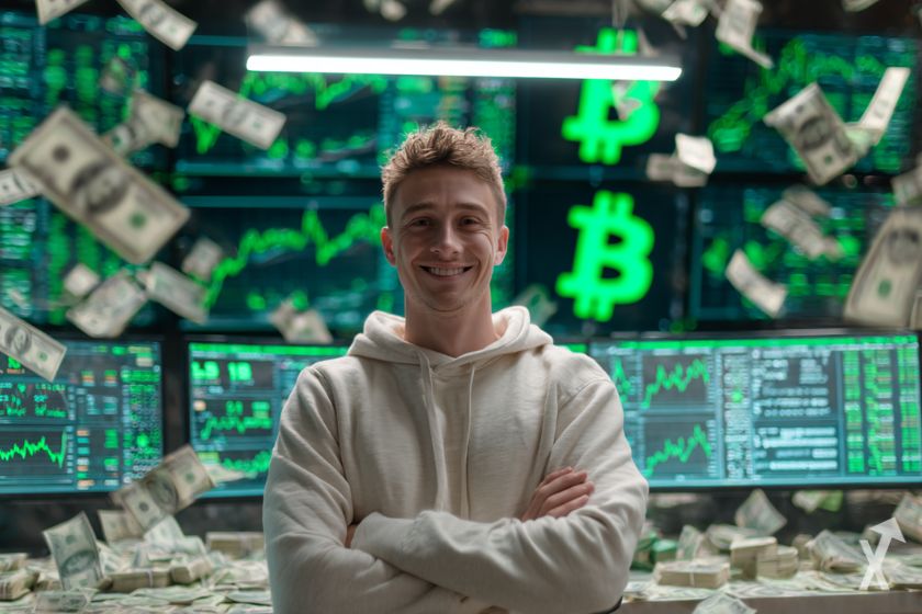 Comerciante de cripto feliz con ChatGPT.