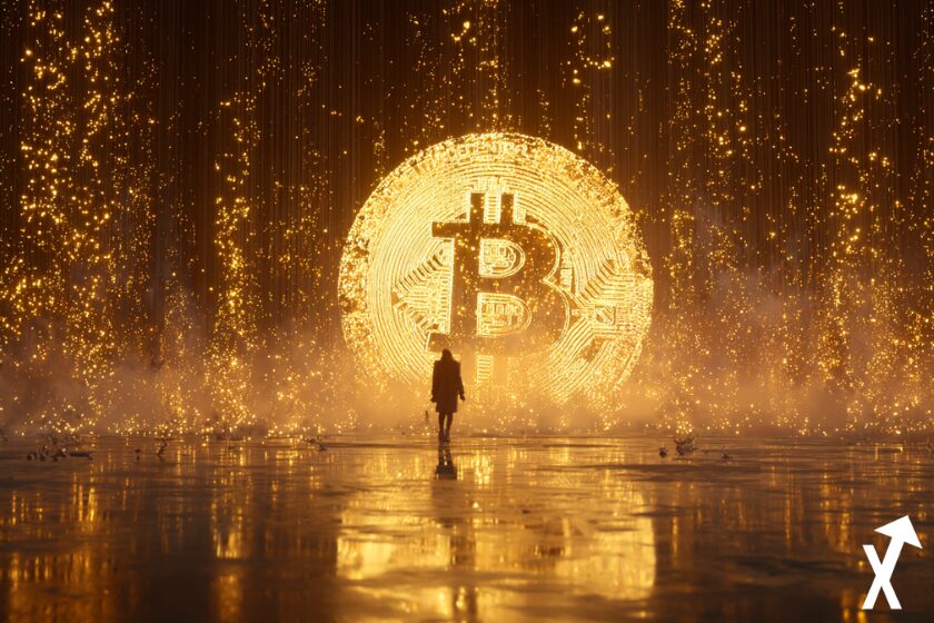 Bitcoin dorado en oficina lujosa.