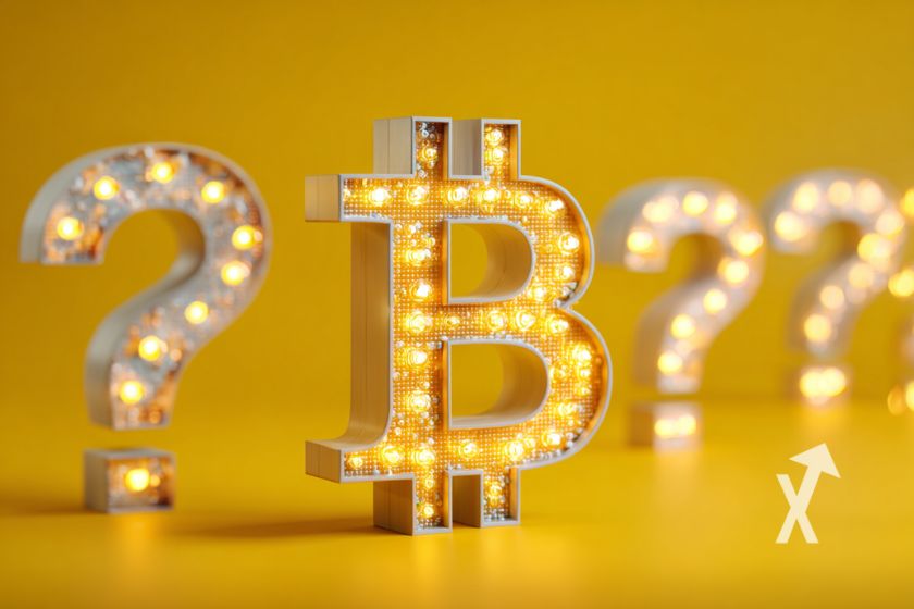 Logo Bitcoin iluminado sobre fondo amarillo.