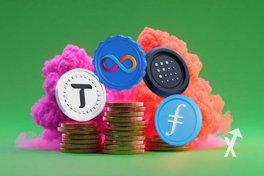 "Moneda ICP, FIL, TAO y FET" - Moneda virtual con explosi&oacute;n de humo.