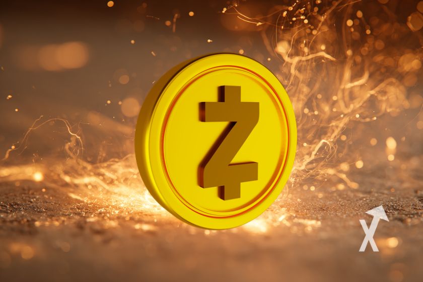 Moneda Zcash amarilla sobre fondo naranja.