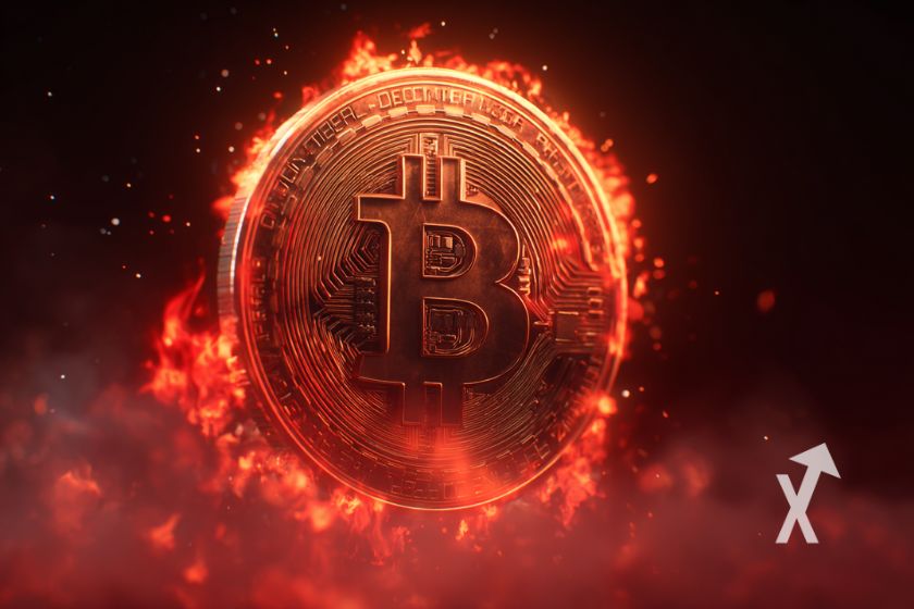 Bitcoin en llamas sobre fondo oscuro.