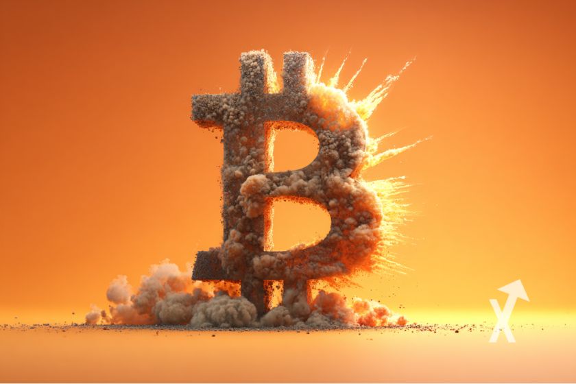 Logo Bitcoin explotando en naranja.