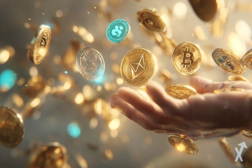 Mano alcanzando lluvia de criptomonedas.