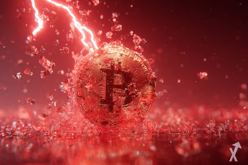 Moneda bitcoin roja en tormenta el&eacute;ctrica.