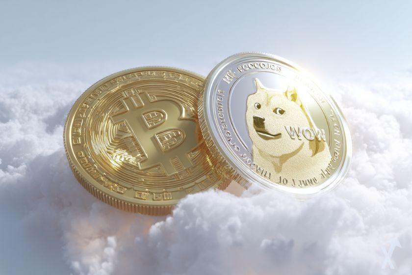 Criptomoneda 3D dorada sobre nube.