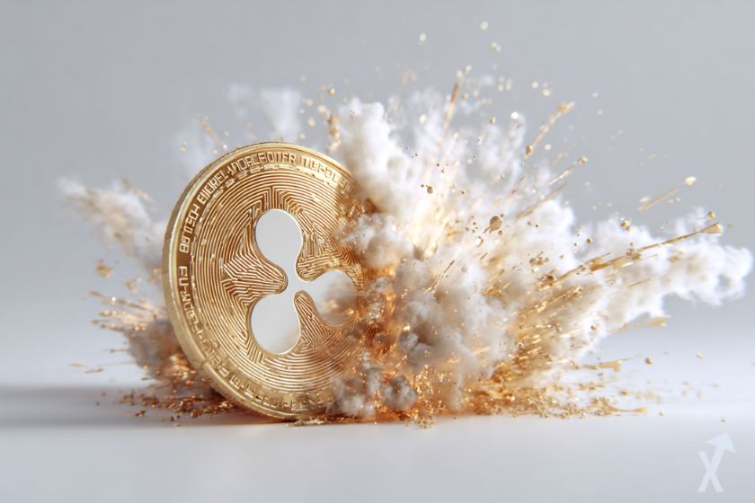 Moneda XRP dorada, humo blanco y dorado.