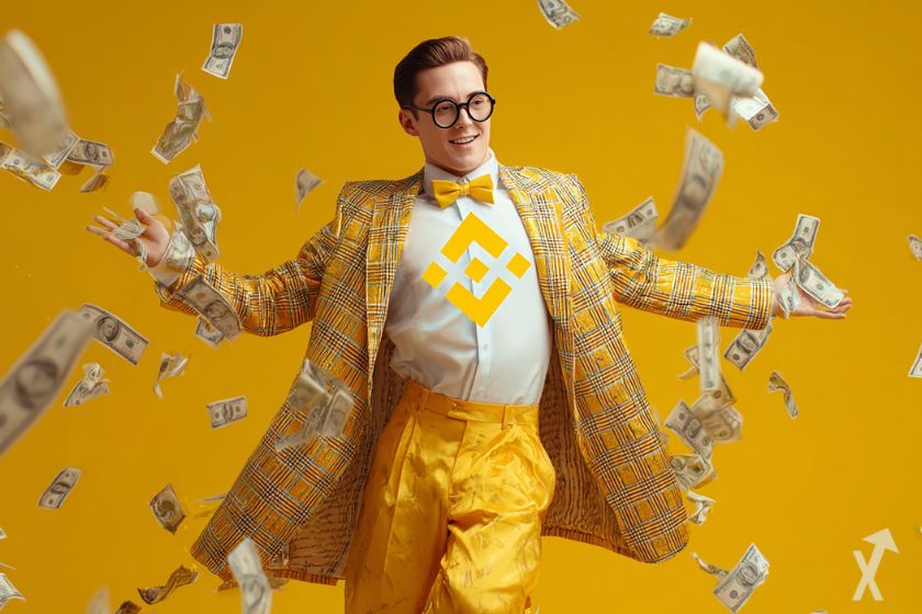 "Trader de Binance bajo lluvia d&oacute;lares."