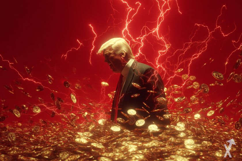 Trump gritando en lluvia de bitcoin.