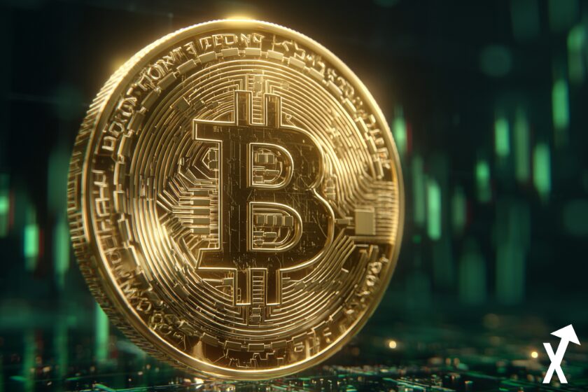 Moneda bitcoin dorada sobre fondo verde.