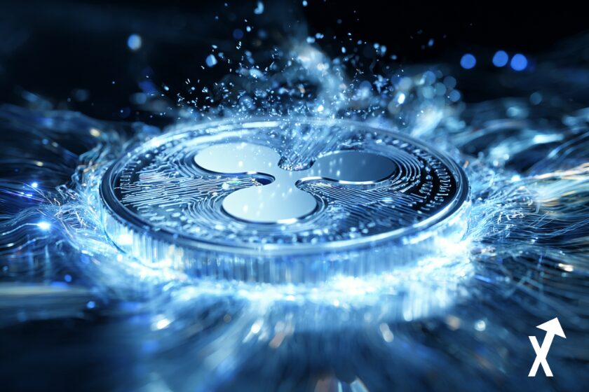 Moneda XRP azul y blanco brillante.