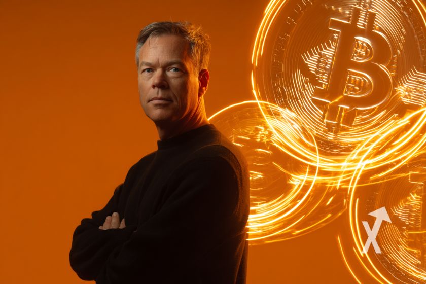 Michael Saylor con bitcoins trasl&uacute;cidos.