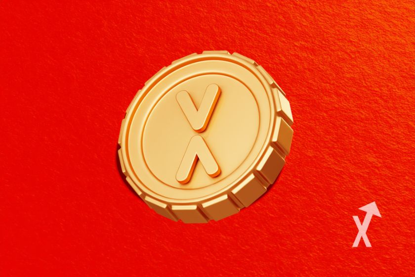 Criptomoneda XRP en amarillo, fondo rojo.