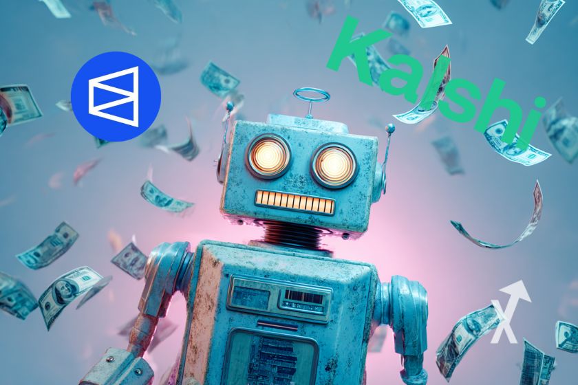 Robot azul con billetes volando.