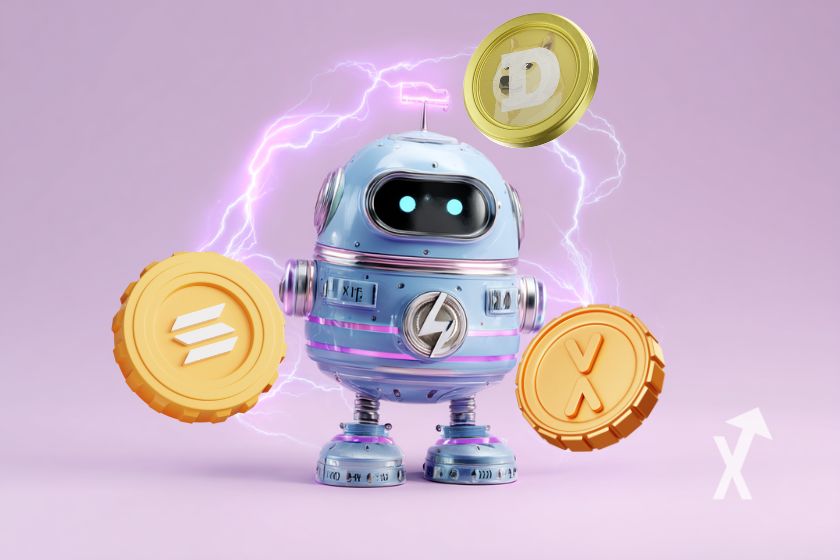 Robot rodeado de criptomonedas en rosa.