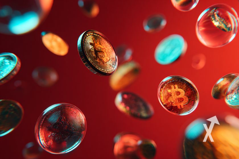 Monedas criptos Bitcoin en fondo rojo.