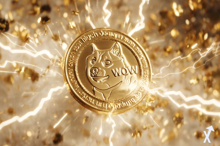 Criptomoneda dorada Dogecoin en explosi&oacute;n el&eacute;ctrica.